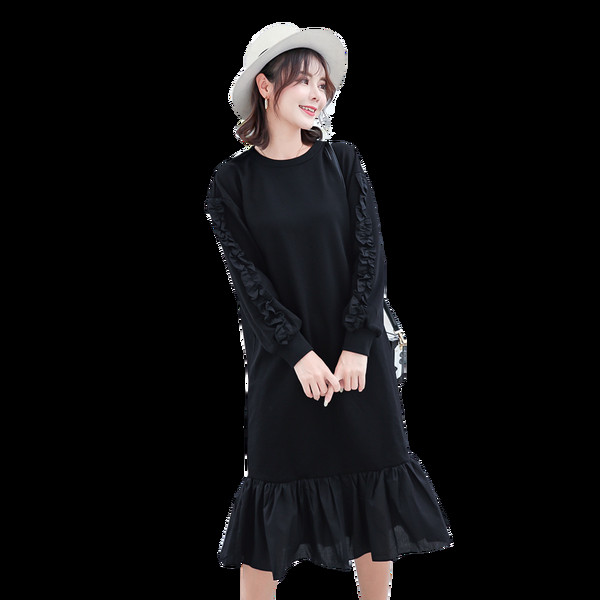 Модерна рокля за бременни жени с О-образно деколте и дълъг ръкав в черен цвят