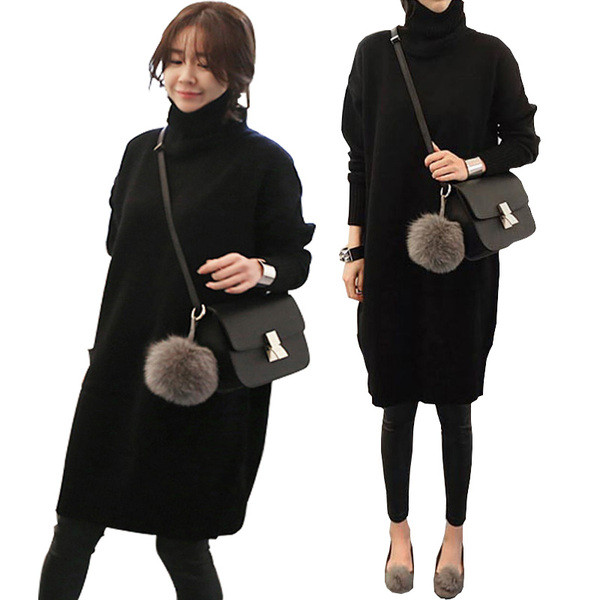 Плътна рокля за бременни жени с висока яка в черен и сив цвят