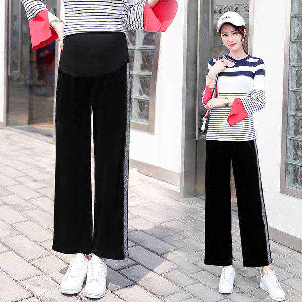 Ежедневен панталон за бременни жени в черен цвят със страничен кант - широк модел