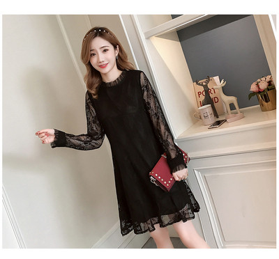 Дантелена рокля за бременни жени с дълъг ръкав в черен и розов цвят