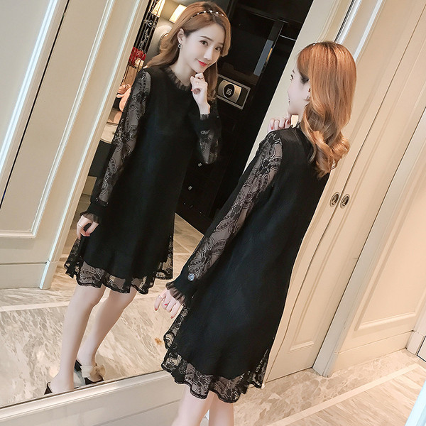 Дантелена рокля за бременни жени с дълъг ръкав в черен и розов цвят