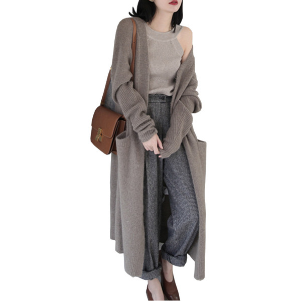 Cardigan lung de damă modern cu buzunare în bej și negru