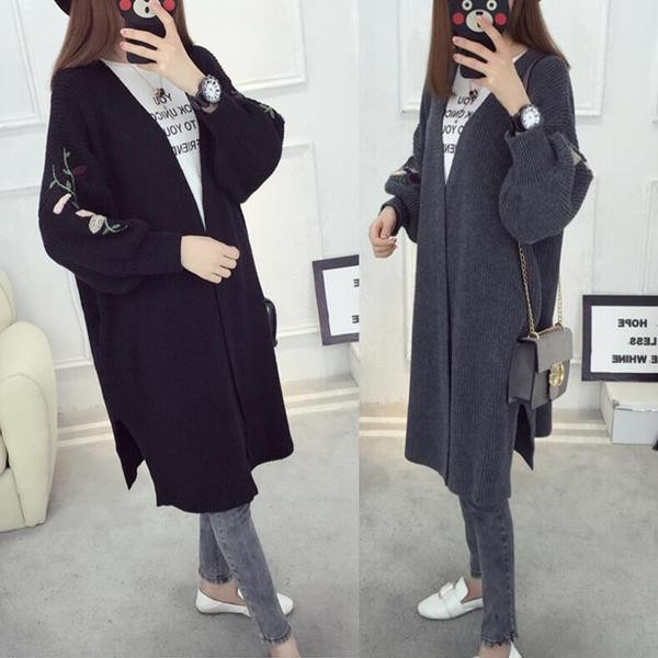 Cardigan lung dama casual cu broderie colorata pe maneci in mai multe culori