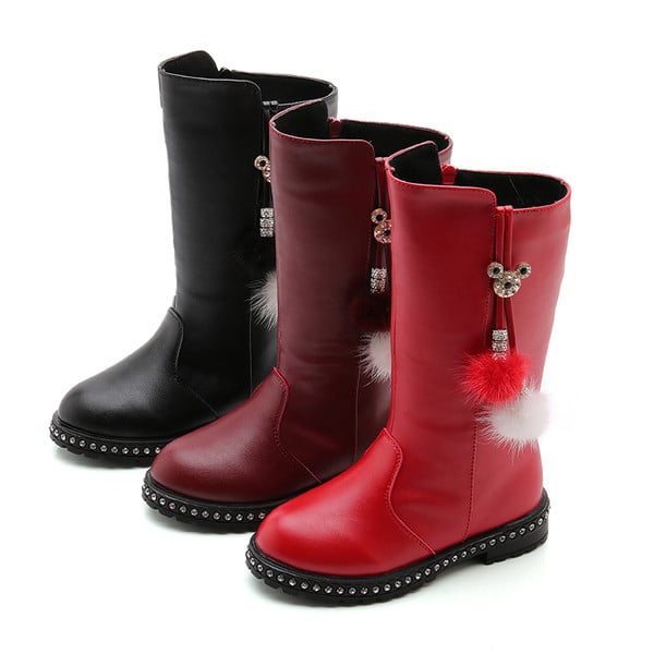 Modern children`s boots with decorative communes and a pendant in three colors for girls