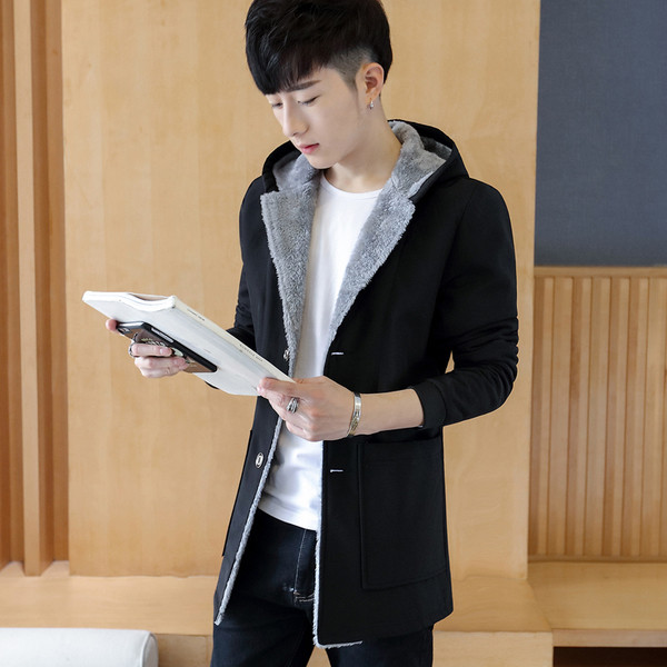 Palton casual pentru barbati cu captuseala, gluga si buzunare