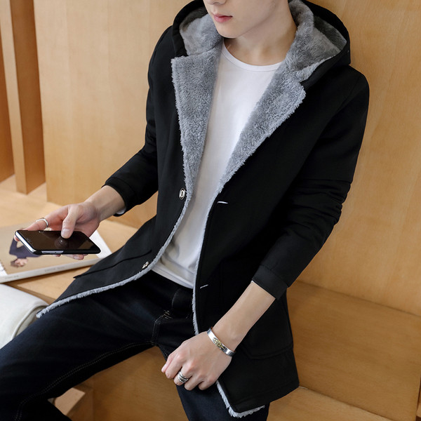 Palton casual pentru barbati cu captuseala, gluga si buzunare