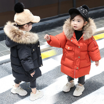 Μοντέρνο παιδικό  μπουφάν με κουκούλα και γούνα για κορίτσια σε τρία χρώματα