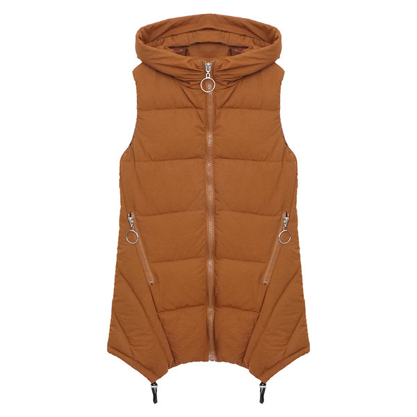 Hosszú, modern női mellény kapucnival és fém elemekkel