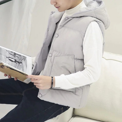 Men`s modern vest with a hood in black and gray