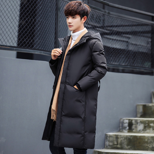 Téli férfi hosszú kabát kapucnival fekete és szürke színben