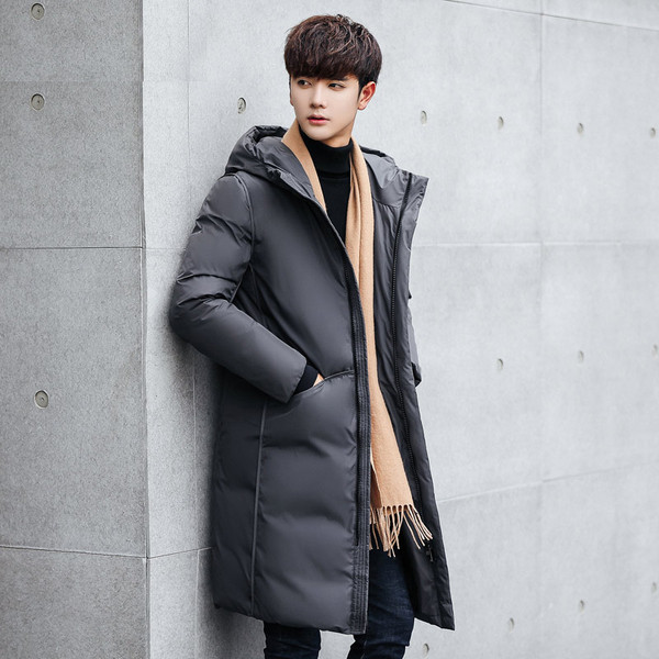 Téli férfi hosszú kabát kapucnival fekete és szürke színben