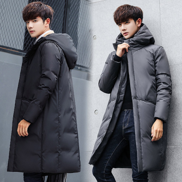 Téli férfi hosszú kabát kapucnival fekete és szürke színben