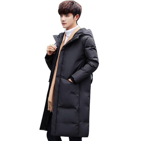 Téli férfi hosszú kabát kapucnival fekete és szürke színben