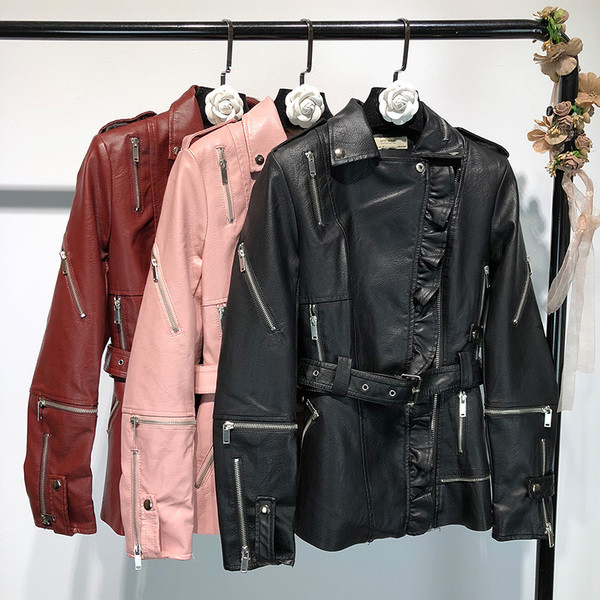 Geaca de dama din piele ecologica cu fermoare si roz, visiniu si negru