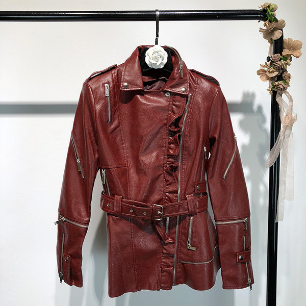 Geaca de dama din piele ecologica cu fermoare si roz, visiniu si negru