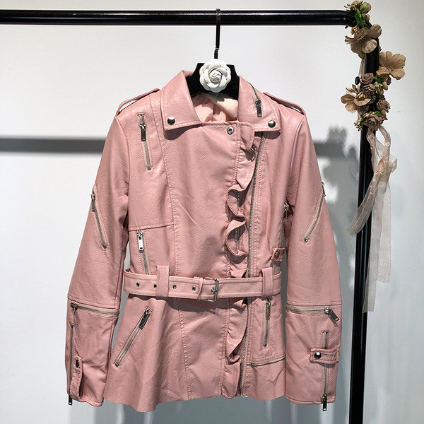 Geaca de dama din piele ecologica cu fermoare si roz, visiniu si negru