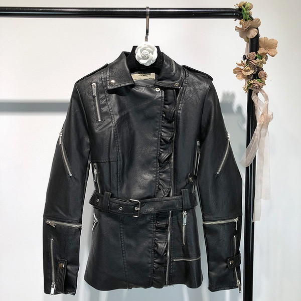 Geaca de dama din piele ecologica cu fermoare si roz, visiniu si negru