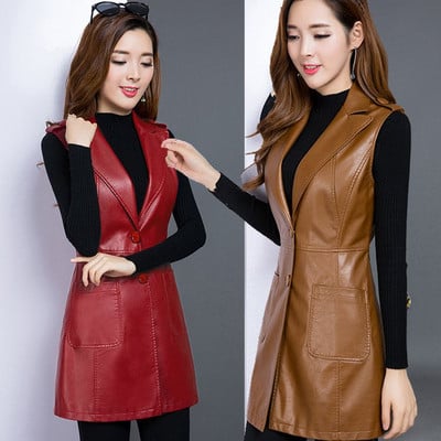 Women`s elegant eco-leather vest with V-neck
