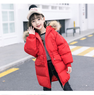 Παιδικό χειμωνιάτικο μπουφάν με κουκούλα και γούνα σε κόκκινο και μαύρο χρώμα για κορίτσια