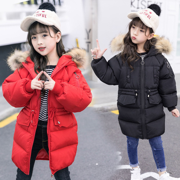 Παιδικό χειμωνιάτικο μπουφάν με κουκούλα και γούνα σε κόκκινο και μαύρο χρώμα για κορίτσια