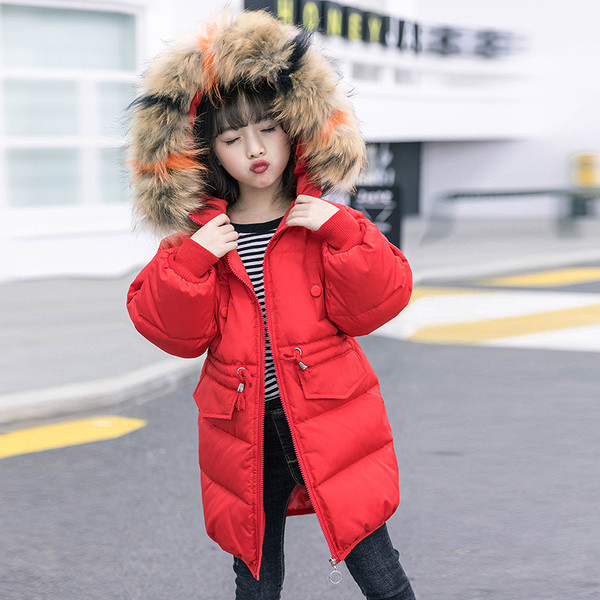 Παιδικό χειμωνιάτικο μπουφάν με κουκούλα και γούνα σε κόκκινο και μαύρο χρώμα για κορίτσια