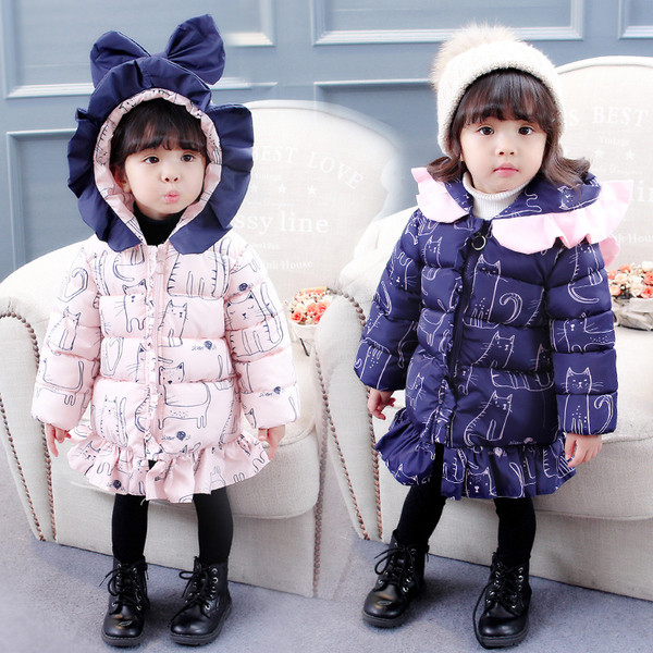 Geaca moderna pentru copii cu gluga si panglica in doua culori pentru fete