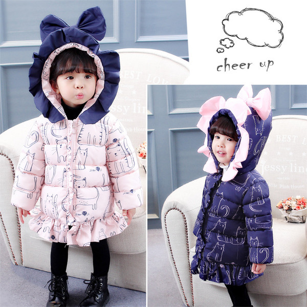 Geaca moderna pentru copii cu gluga si panglica in doua culori pentru fete