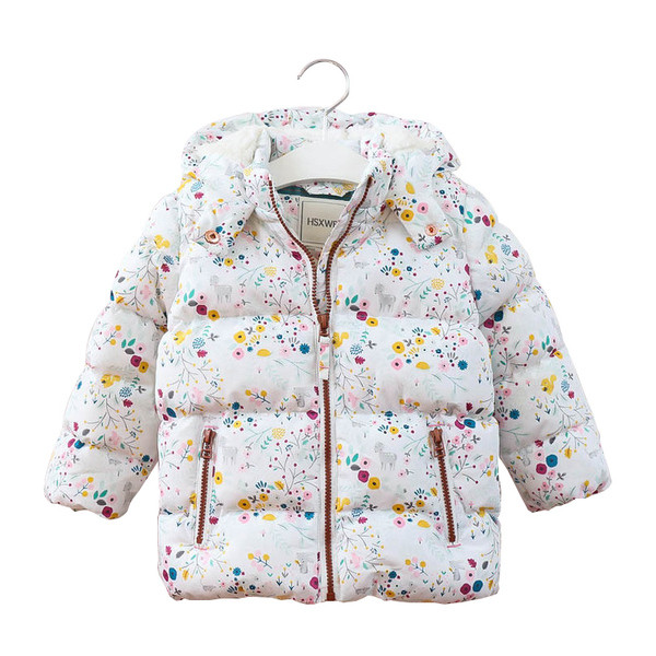 Παιδικό χειμωνιάτικο μπουφάν  σε λευκό χρώμα με μοτίβα λουλουδιών για κορίτσια