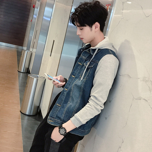 Jachetă de blugi pentru bărbați sport-casual cu glugă