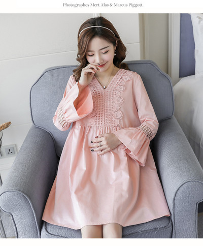 Φθινοπωρινό φόρεμα για έγκυες γυναίκες με μανίκι και δαντέλα  σε δύο χρώματα