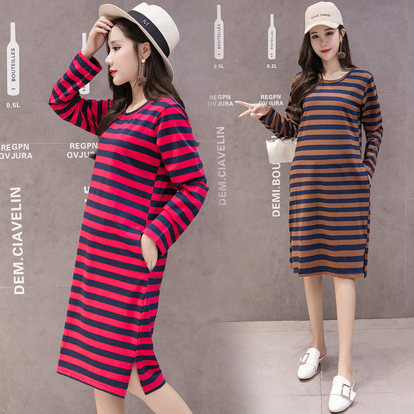 Rochie in dungi pentru gravide cu buzunare in doua culori