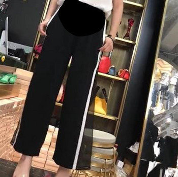 Модерен панталон за бременни жени с мрежа и страничен кант в черен цвят