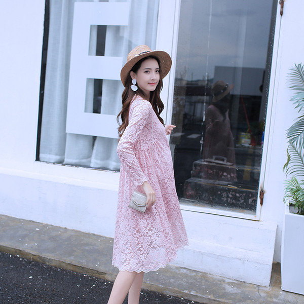 Δαντελένιο φόρεμα για τις έγκυες γυναίκες σε μαύρο και ροζ χρώμα