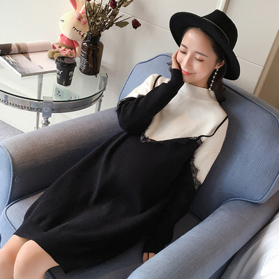 Κομψό χειμερινό φόρεμα για τις έγκυες γυναίκες με δαντέλα σε δύο χρώματα