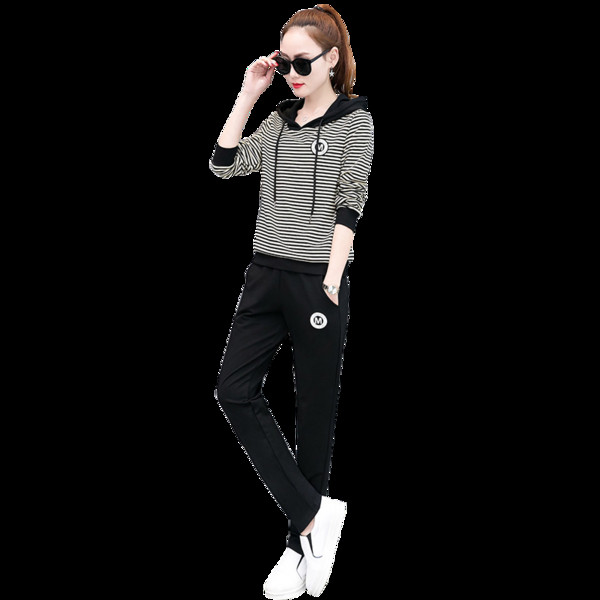 Спортен дамски екип в три цвята - раиран суичър с качулка и панталон