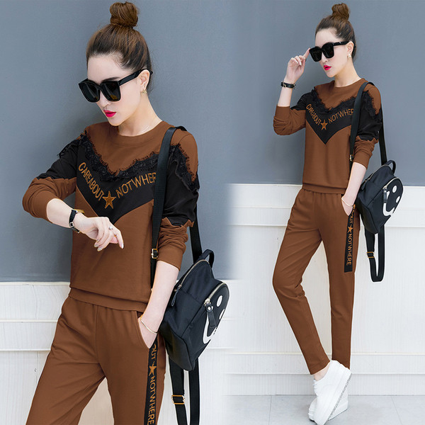 Άνετο  casual γυναικείο σετ με επιγραφή και δαντέλα σε διάφορα χρώματα