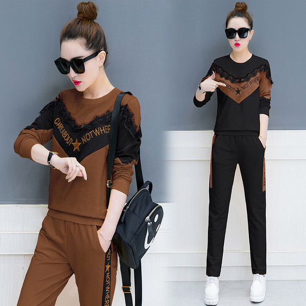 Άνετο  casual γυναικείο σετ με επιγραφή και δαντέλα σε διάφορα χρώματα