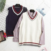 Μοντέρνο μάλλινο γιλέκο με ντεκολτέ σε σχήμα V σε άσπρο και μπλε χρώμα