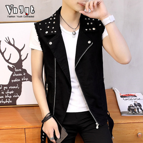 Vesta de denim moderna pentru barbati cu elemente metalice