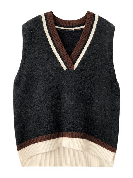 Vesta de lana cu decolteu in V in doua culori