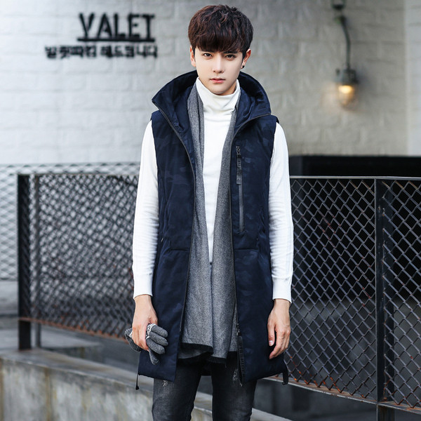 Vestă lungă casual pentru bărbați cu elemente din piele ecologică și inscripție