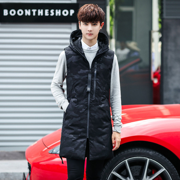 Vestă lungă casual pentru bărbați cu elemente din piele ecologică și inscripție