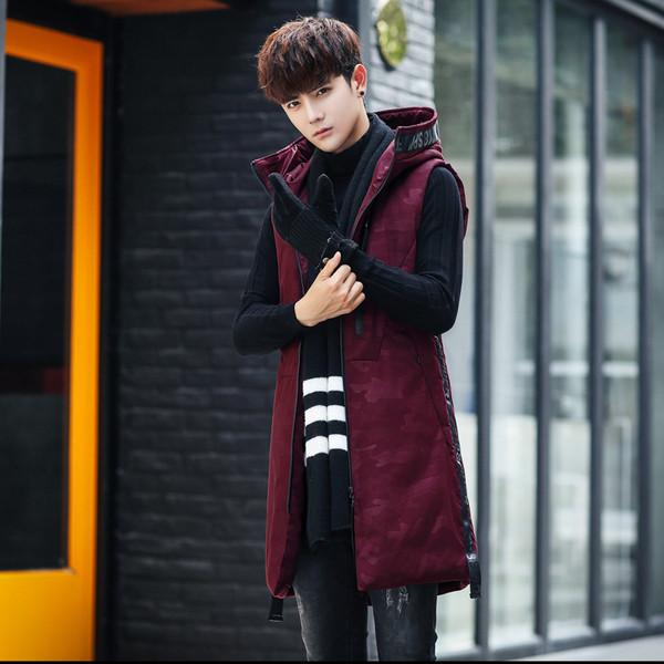 Vestă lungă casual pentru bărbați cu elemente din piele ecologică și inscripție