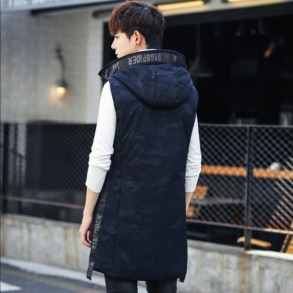 Vestă lungă casual pentru bărbați cu elemente din piele ecologică și inscripție