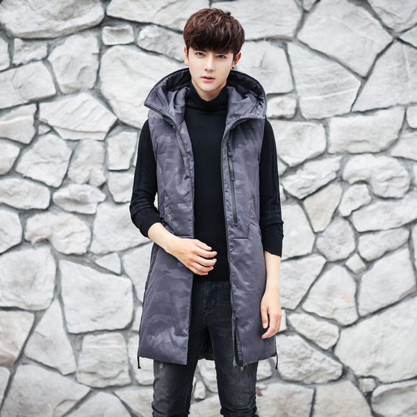 Vestă lungă casual pentru bărbați cu elemente din piele ecologică și inscripție