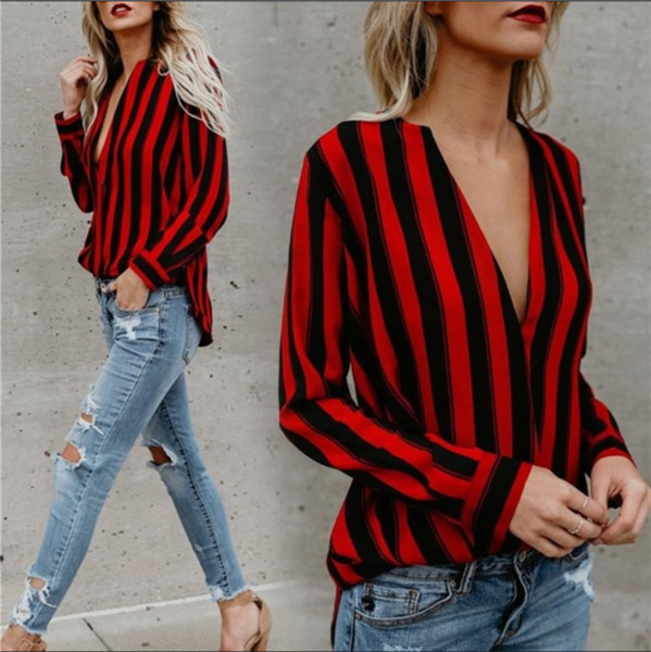 Σέξυ γυναικείο πουκάμισο με βαθύ ντεκολτέ - μπλε και κόκκινο χρώμα