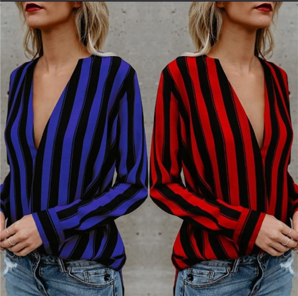 Σέξυ γυναικείο πουκάμισο με βαθύ ντεκολτέ - μπλε και κόκκινο χρώμα