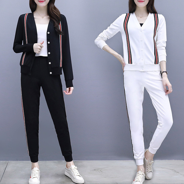 Δύο κομμάτι γυναικείο αθλητικό σετ - ψηλά μακρύ παντελόνια και φούτερ και κουμπιά σχήματος V