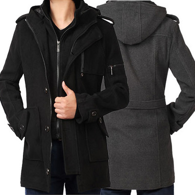 Модерно мъжко палто с качулка в сив и черен цвят