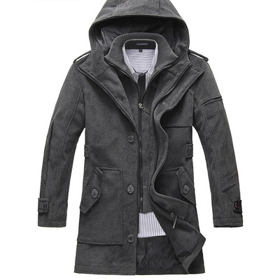 Модерно мъжко палто с качулка в сив и черен цвят